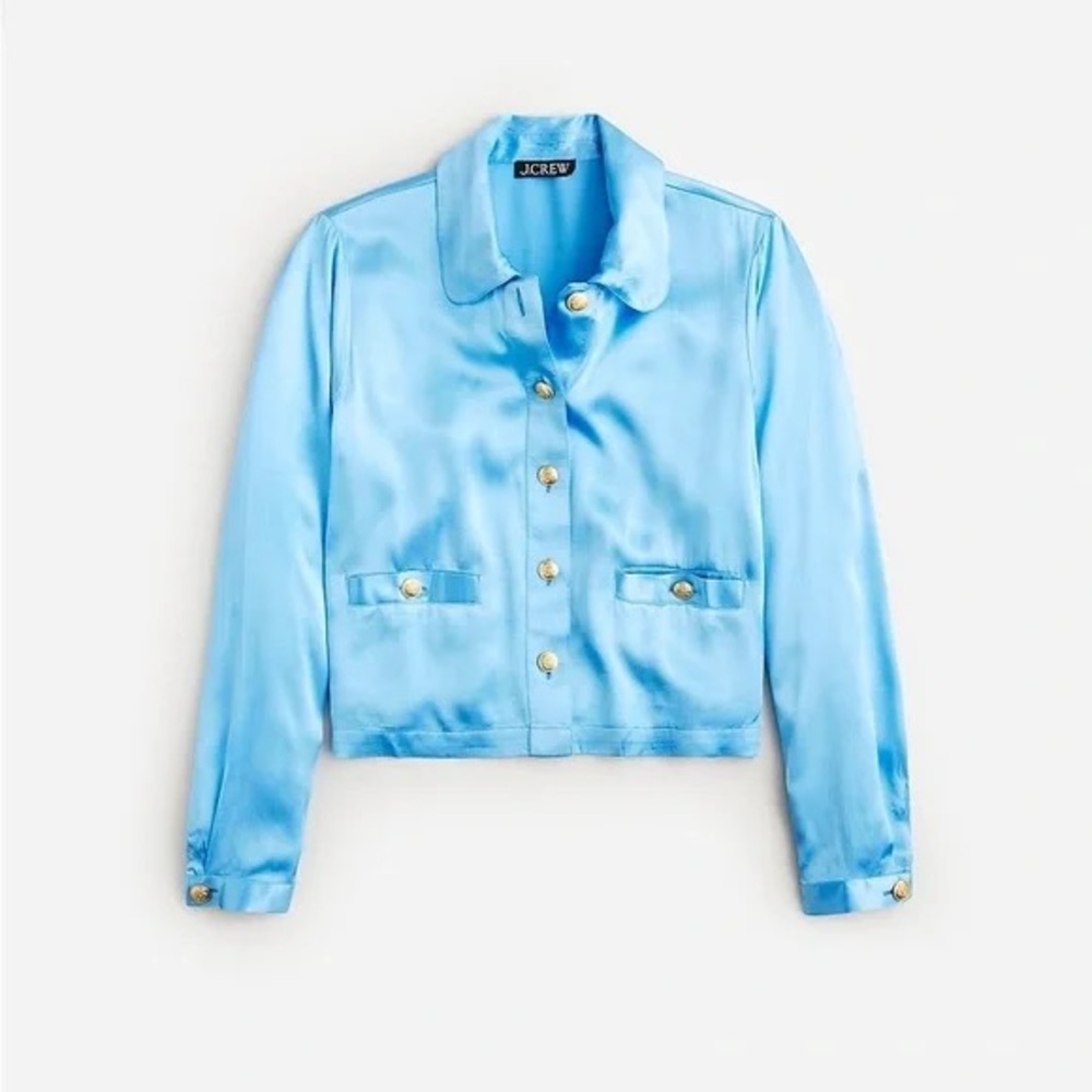 J. Crew Satin Lady Shirt Jacket Baby Blue Gold Buttons rounded Collar XS 852